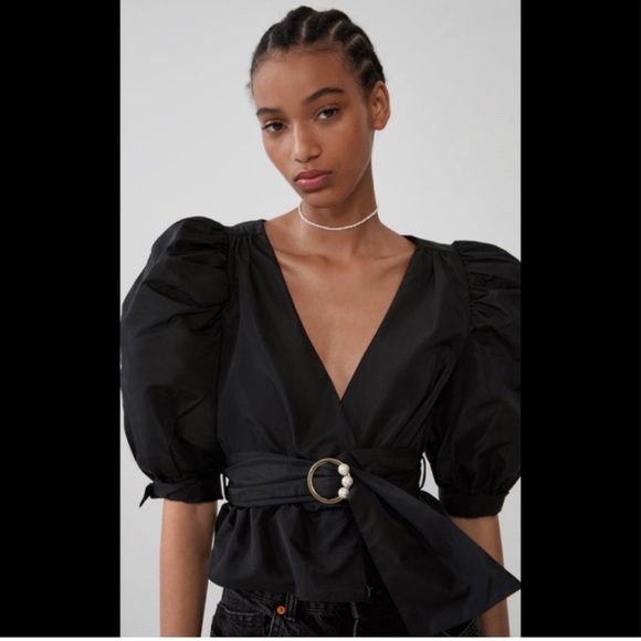 Zara Tops - Zara Black Puff Sleeve Wrap Top with Pearl-Accent Belt